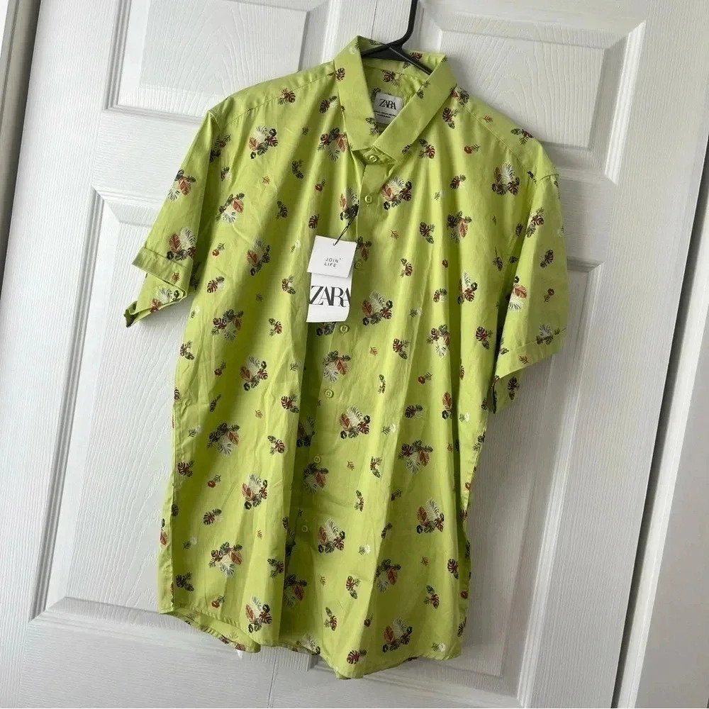 NWT Zara Men’s Button Front Short Sleeve Pocket Tropical Shirt XXL Relaxed Fit